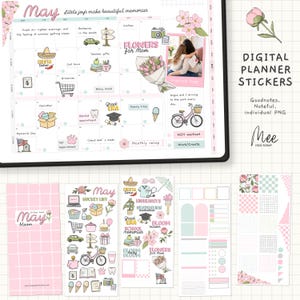 May include: Digital planner stickers with a May theme. The image includes a digital calendar, sticker sheets, and individual PNG files. The calendar features illustrations of flowers, a bicycle, and text such as "Flowers for Mom."