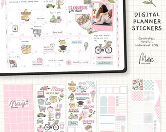 Stickers agenda numérique de mai pour Goodnotes, éléments de journal de printemps, ensemble pour garder des souvenirs, kit de scrapbooking numérique, PNG remarquable