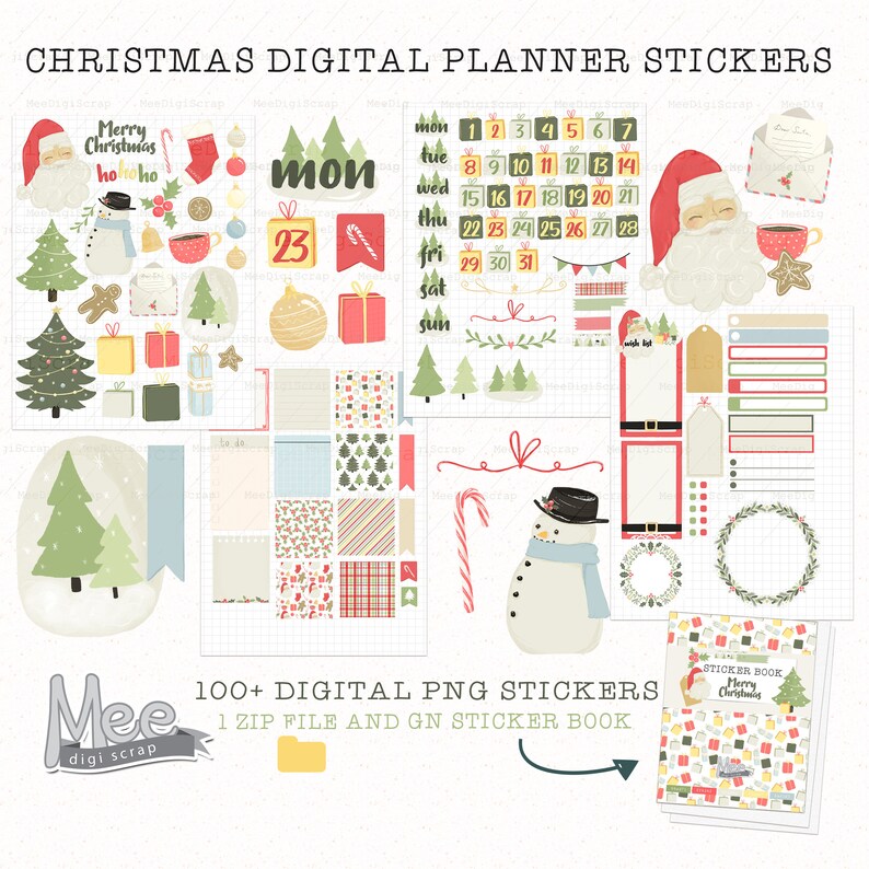 May include: A set of 100+ digital Christmas planner stickers in PNG format. The stickers feature a variety of festive designs, including Christmas trees, presents, Santa Claus, a snowman, and a calendar. The stickers are perfect for adding a touch of holiday cheer to your planner or journal.