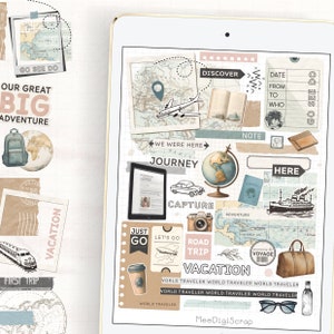 Adesivos para planejador de viagens, diário de scrapbook digital, conjunto de adesivos de férias para uso com planejador/diário digital em seu tablet ou iPad