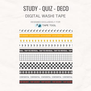 Può includere: Nastro washi digitale con vari disegni, tra cui segni di spunta, lampadine, punti interrogativi e testo come "Show Answer" e "Tap to Reveal". Il nastro presenta anche motivi a griglia, a scacchi e floreali, insieme al testo "Confidential" e "Top Secret".