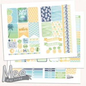 May include: A set of printable planner stickers with a tropical theme. The stickers feature pineapples, palm trees, and the words "Summer", "Good Vibes Only", "Aloha", and "Weekend".