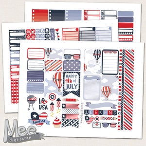 Adesivi stampabili per planner del 4 luglio da utilizzare con il classico kit di adesivi settimanali Happy Planner, adesivi patriottici, set di adesivi fai da te rossi e blu