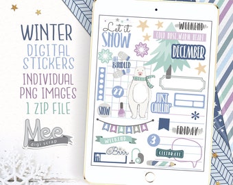 May include: A digital sticker set with a winter theme. The stickers feature a polar bear, a Christmas tree, snowflakes, and the text "Let it Snow", "Weekend", "Cold Nose Warm Heart", "December", "Just Chillin'" and "Friday".