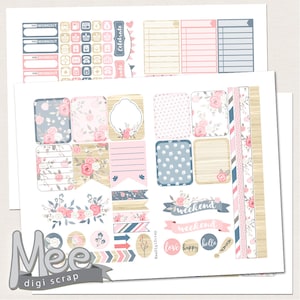 EClp Printable Planner Stickers,Shabby Chic Rose Planner Stickers,Pink,blue and wood,vintage flowers stickers,summer stickers,floral sticker
