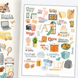 May include: Watercolor illustrations of various lifestyle elements, including a laptop, cocktail, school bus, and beauty products. Other images include a playground, pizza, and a birthday cake. Text includes "Rest is productive" and "Plan it do it".