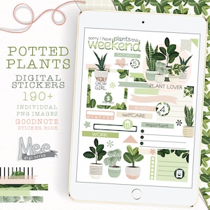 Pegatinas para planificadores digitales, juego de pegatinas de plantas en macetas, plantas de interior, bujo digital, diario de arte, pegatinas de diario basura para usar en iPad/tableta