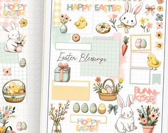 Easter Digital Stickers, Bunny Floral Planner Clipart (Goodnotes PNG)