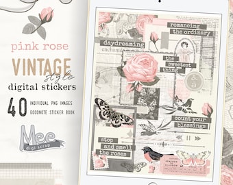 Vintage Valentine Moodboard Stickers | Pink Rose Collage PNG | Romantic Digital Stickers for Journaling & Scrapbooking