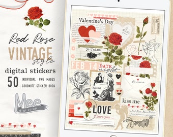 Digital planner stickers Valentines Day vintage style,Red rose flower stickers for iPad planning,February junk journal digital ephemera,gift