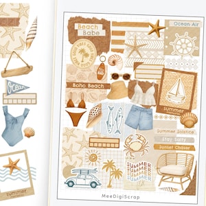 Puede incluir: Un collage con temática de playa que presenta ilustraciones de estrellas de mar, conchas marinas, un traje de baño, un velero, un cangrejo y texto. El texto incluye "Beach Babe", "Boho Beach", "Ocean Air", "Summer Solstice", "Stay Salty" y "Sunset Chaser".