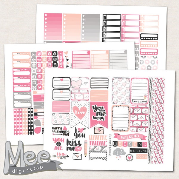 Printable planner stickers, kit for use in The Happy planner,PRINTABLE Weekly sticker set,Hello Love Pink planner stickers,pink heart,pdf