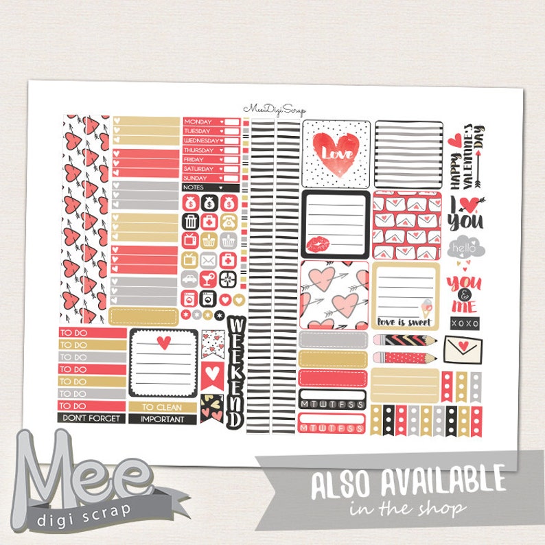 Nastro washi stampabile, nastro washi di San Valentino, febbraio, strisce washi planner, nastro adesivo amore, adesivi planner stampabili, adesivo mensile immagine 3