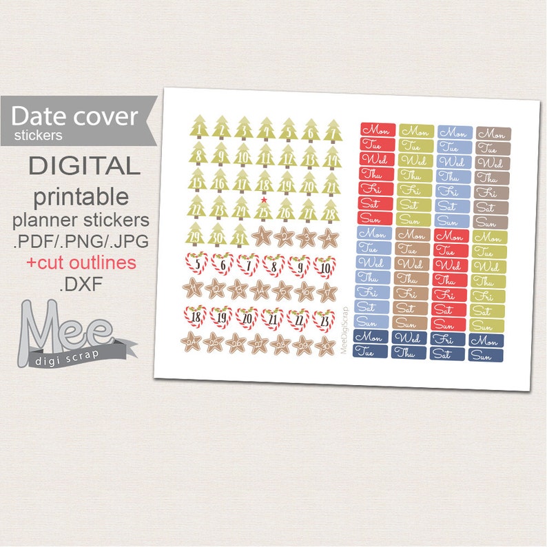 Christmas date cover stickersChristmas countdown Printable planner stickersMonthly date coversMini Date CoversPersonal Planner Stickers