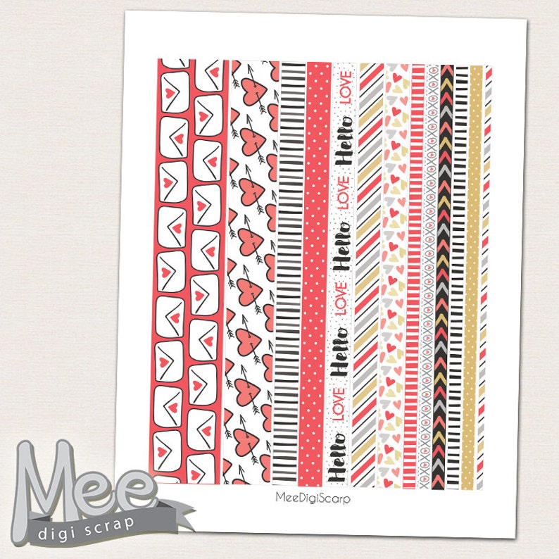 Nastro washi stampabile, nastro washi di San Valentino, febbraio, strisce washi planner, nastro adesivo amore, adesivi planner stampabili, adesivo mensile immagine 1