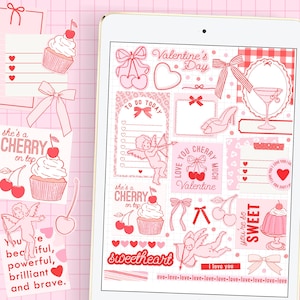 Kokette Schleifen und Liebesbriefe digitale Aufkleber, rote und rosa Kirschschleifen, monochrome Vintage Aufkleber, Valentinstag digitale Aufkleber