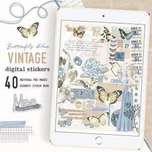 Adesivi per pianificatori digitali in stile vintage, farfalla blu, effimeri vintage per diari spazzatura, bujo digitale, scrapbooking per pianificatori, pianificazione per iPad