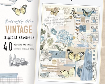 Blue Butterfly Vintage Digital Planner Stickers (PNG, Goodnote)