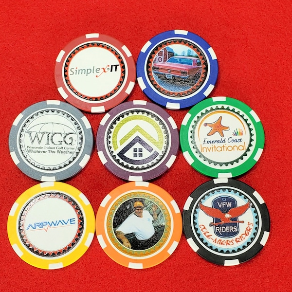 Custom Poker Chips with your image, text, photo or logo | Great customized gift idea for weddings, birthdays, Christmas or company giveaways
