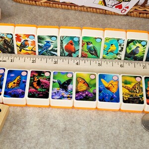 May include: A set of 12 double dominoes with colorful butterfly and bird illustrations. The dominoes are white with orange edges and feature a variety of butterflies and birds, including a cardinal, hummingbird, and blue jay.