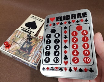 I Heart Euchre Scorekeeper Tin Set with Cards, Magnets, & Wood Suit Cards
