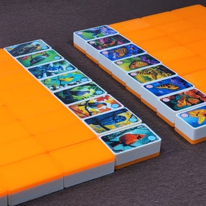 May include: Two rows of orange and white dominoes with colorful images of butterflies and birds. The dominoes are arranged in a staggered pattern.