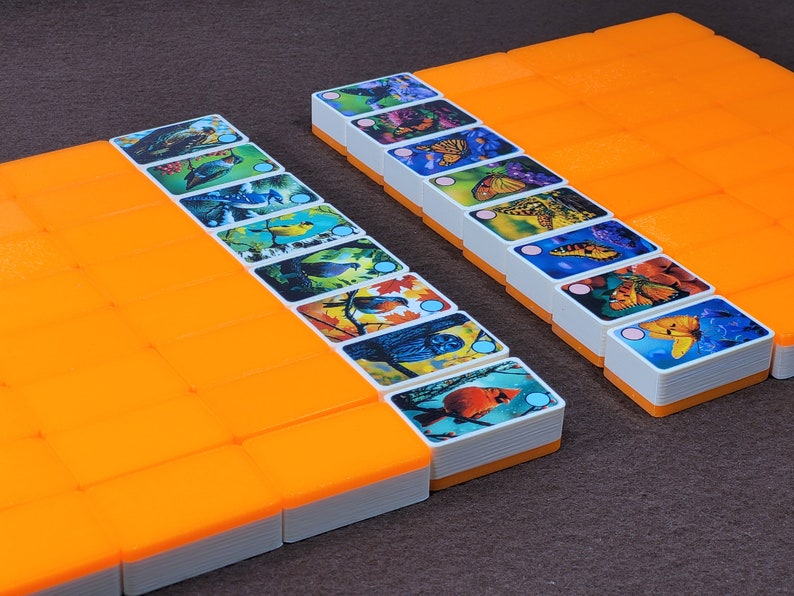 May include: Two rows of orange and white dominoes with colorful images of butterflies and birds. The dominoes are arranged in a staggered pattern.