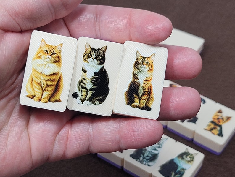 May include: Three white dominoes with images of cats. The cats are sitting and facing forward. The cats are a brown tabby, a black and white tabby, and a calico.