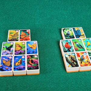 May include: A set of 12 dominoes with colorful images of butterflies and birds. The dominoes are white with a black outline and have a small circle in the center of each domino.