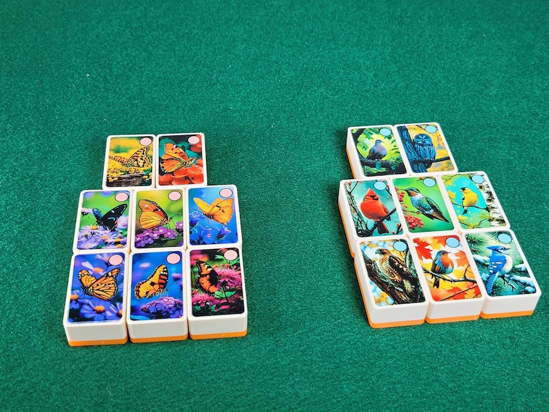 May include: A set of 12 dominoes with colorful images of butterflies and birds. The dominoes are white with a black outline and have a small circle in the center of each domino.