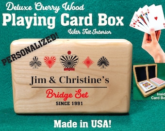 Deluxe Cherry Wood Playing Card Box: Personalized Bridge Gift - Made in USA
