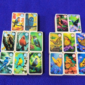 May include: A set of 12 colorful dominoes featuring images of birds and butterflies. Each domino has a different image on each side. The dominoes are made of wood and have a white background.