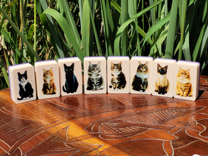 May include: Nine wooden dominoes with images of cats on each side. The dominoes are arranged in a row on a wooden surface. The cats are all different breeds and colors.