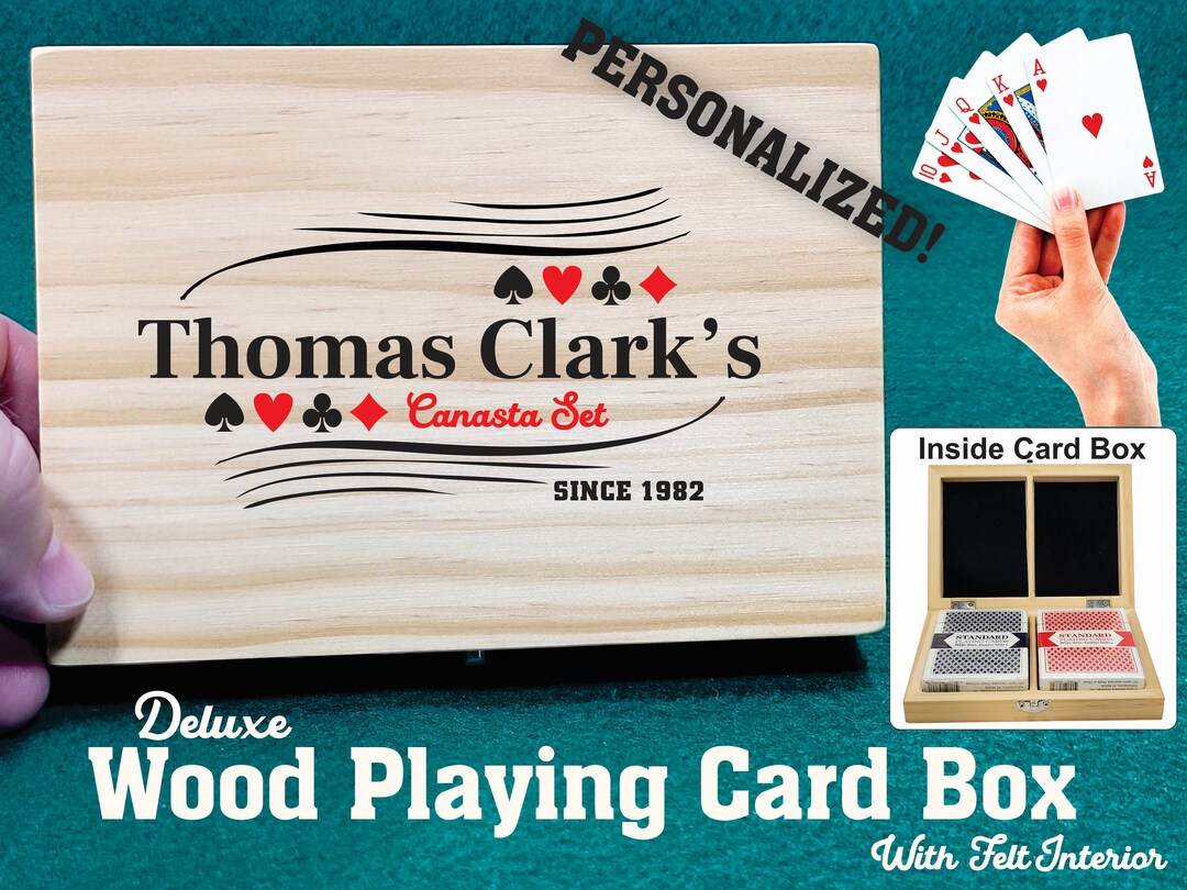 Personalized Canasta Wood Playing Card Box: Suited Swish Design, Felt ...