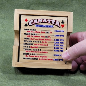 Canasta Hands Bamboo Coasters with Holder: Playing Card Game Room Decor