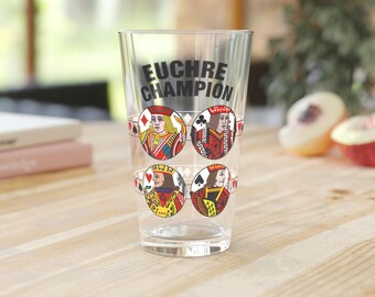 Vaso de pinta Euchre Champion / 473 ml (16 oz) con diseño de rey y reina de cartas de juego