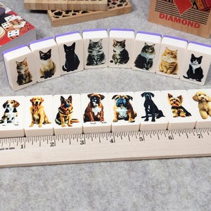 May include: A set of 12 white dominoes with images of cats and dogs. The dominoes are arranged in a semi-circle on a wooden surface. The dominoes are about 2 inches long and 1 inch wide. The images on the dominoes are clear and colorful.