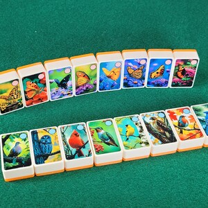 May include: A set of 15 double-sided dominoes featuring colorful butterflies, birds, and flowers. The dominoes are made of plastic and have a white background with a black outline.