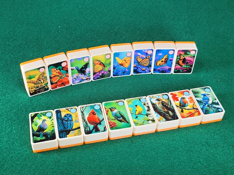 May include: A set of 15 double-sided dominoes featuring colorful butterflies, birds, and flowers. The dominoes are made of plastic and have a white background with a black outline.