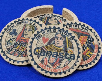 Canasta Coaster Set: Corked Drink Coasters with Holder, Card Game Gift