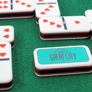 Personalized Dominoes Double 6 Set: Custom Photo or Text, Hearts/Spades/Clubs