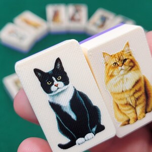 May include: Two white dominoes with images of cats. One domino has a black and white cat, the other has a ginger cat.