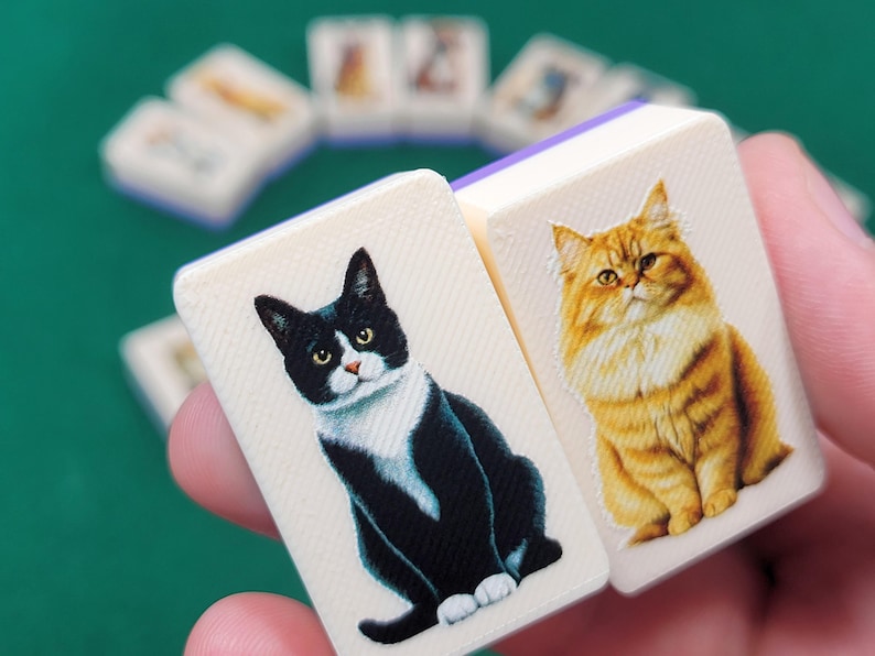 May include: Two white dominoes with images of cats. One domino has a black and white cat, the other has a ginger cat.