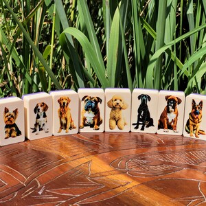 May include: Nine colorful dominoes with images of different dog breeds. Each domino features a different dog breed, including a Yorkshire Terrier, Beagle, Golden Retriever, Bulldog, Poodle, Black Labrador Retriever, Boxer, German Shepherd, and a Dachshund.