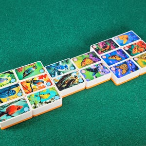 May include: A set of 14 dominoes with colorful images of birds and butterflies. The dominoes are white with orange edges and have a blue dot on each side.