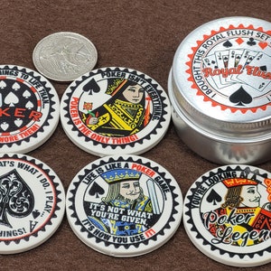 Royal Flush Ceramic Poker Chips Set - Includes 5 chips with various poker sayings, great playing card guard, stored in matching round tin