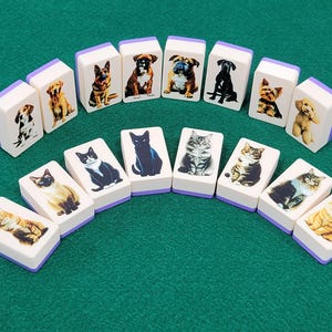 May include: A set of 16 dominoes featuring images of cats and dogs. The dominoes are white with purple edges and have a variety of breeds of cats and dogs on them.