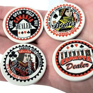 Canasta Dealer Chip Set with sayings - Ceramic poker chips packed in small round tin | Canasta Gift | Canasta Lover | Tournament Prize/Award