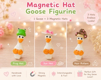 Handmade Goose Figurine with Magnetic Hats | Frog, Sun, Hair Rollers Desk Decor