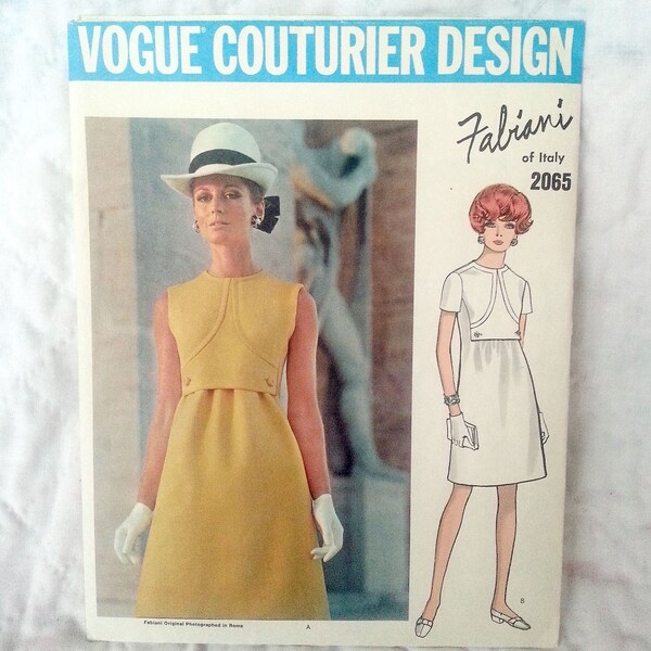 Vintage Vogue Couturier Design, Fabiani of Italy 1969, #2065 Sleeveless or Short Sleeve A-Line Mod Dress, Size 10, Bust 32 1/2, Cut.